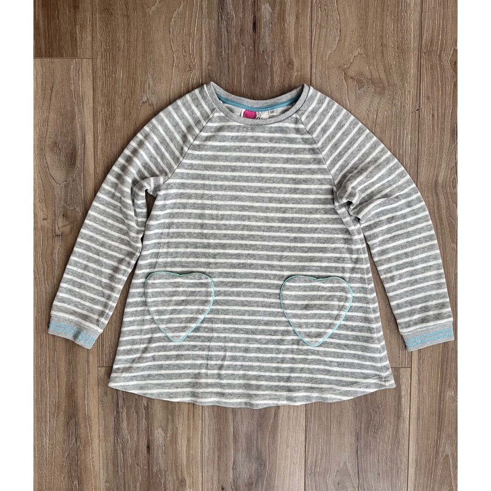 Mini Boden Girls Grey White Striped Heart Pocket Dress 9-10Y Whimsy Kidcore